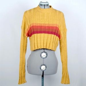 Forever 21 Yellow Striped Cropped Rib Knit Sweater Sz M